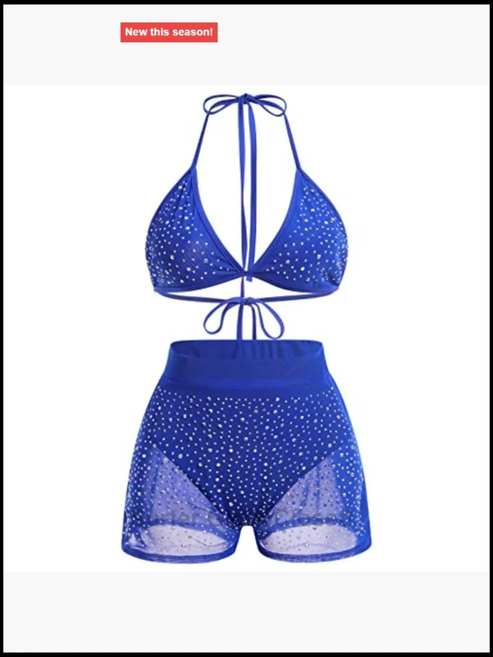 Sheer Rhinestone Mesh Halter Bikini Set High Waist Shorts Rave Festival Outfit